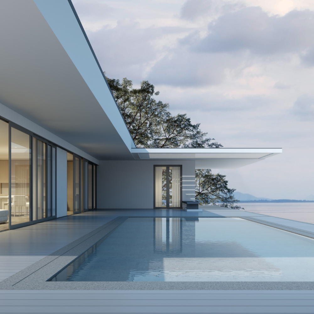 Elegant 3D exterior rendering of a luxury villa at sunset, featuring a swimming pool and beautifully landscaped garden, illustrating The Render Pros' skill in high-end residential exterior visualization.